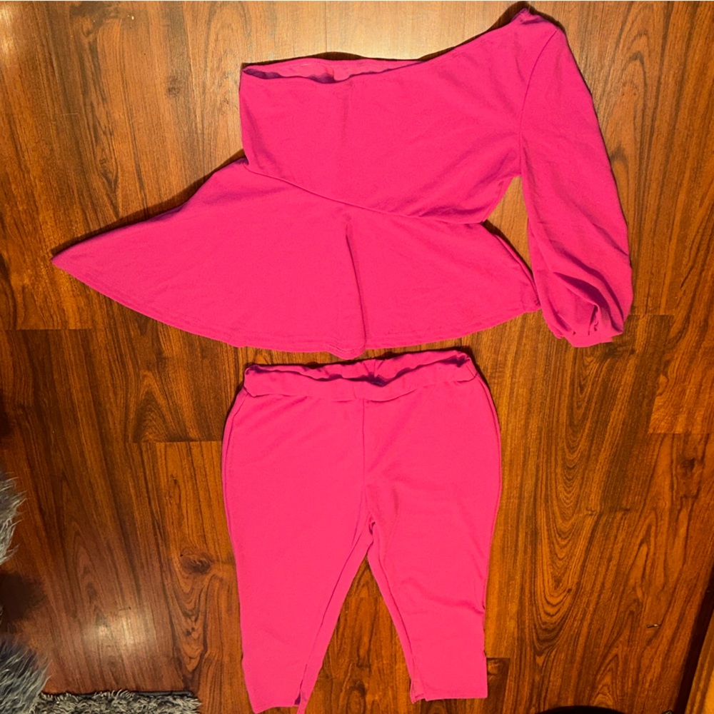 SHEIN Curve Hot Pink One Shoulder Peplum Top/Pants w/Slits  Two-Piece Set sz 1X